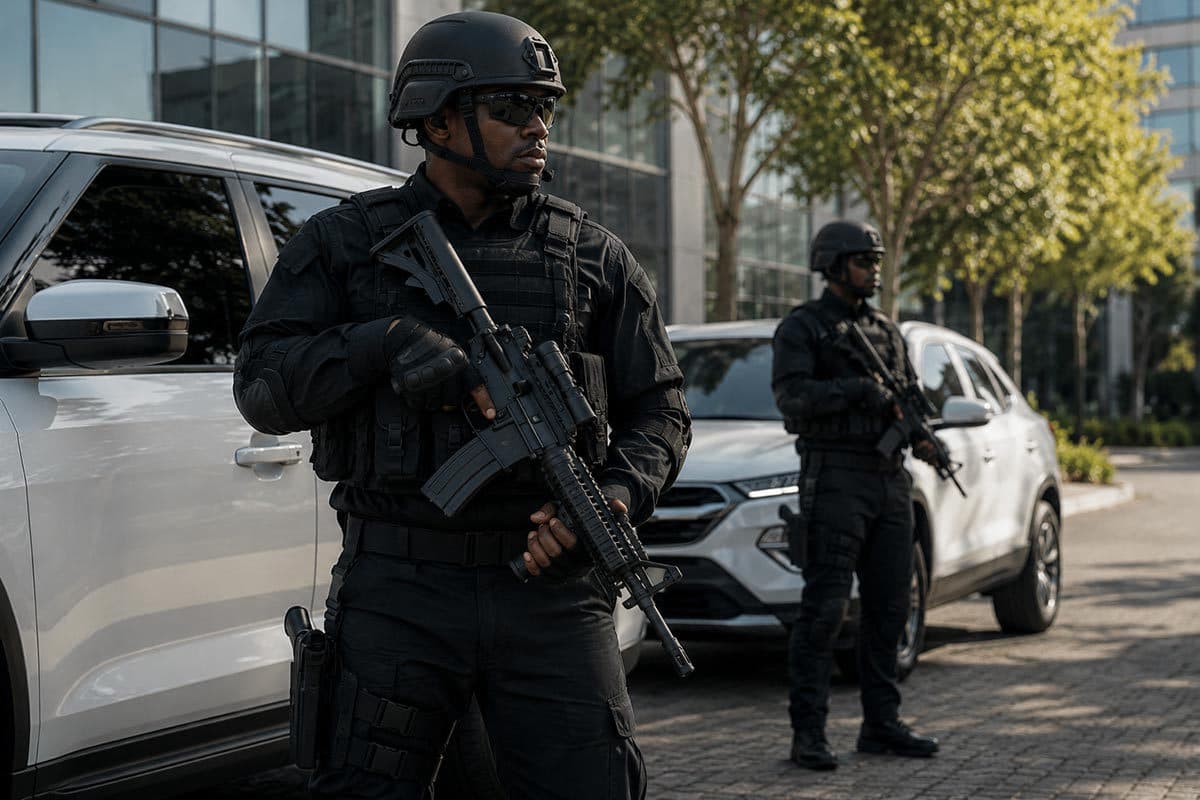RSG tactical unit on patrol beside escort vehicles