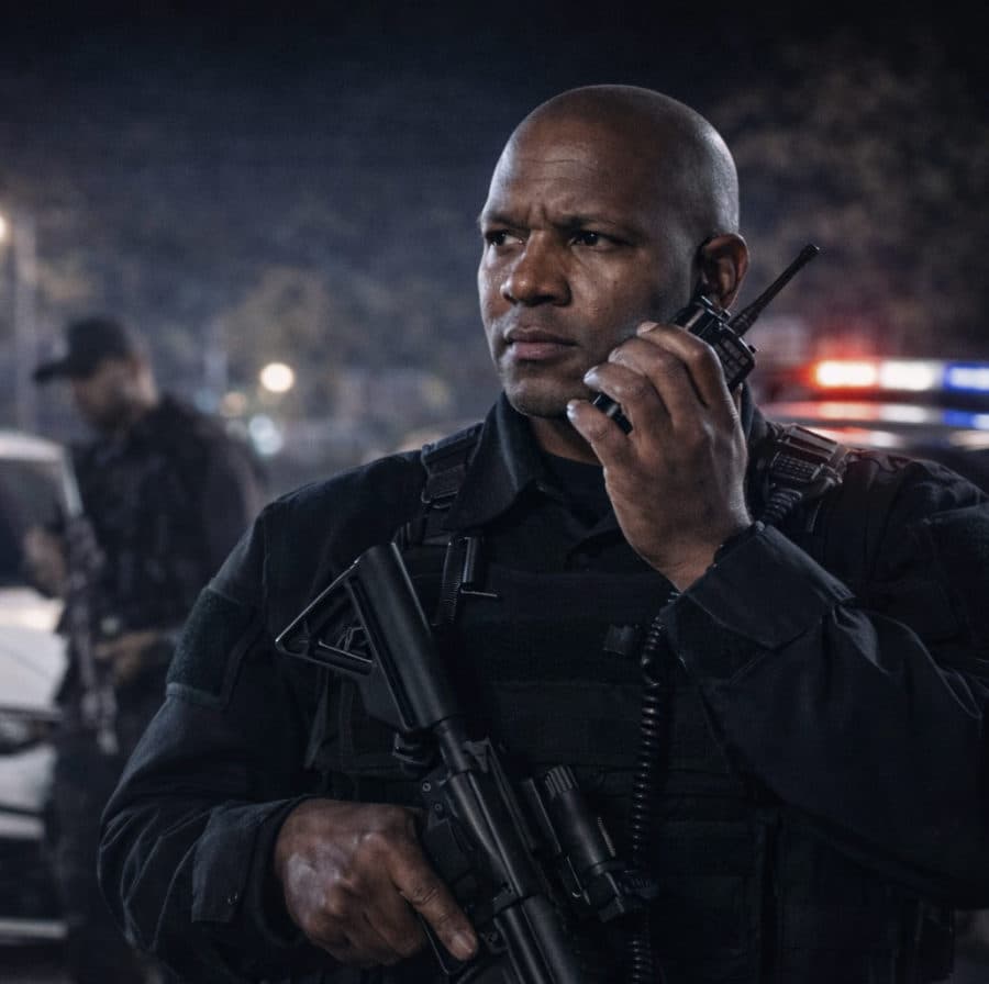 RSG officer on radio during a night patrol