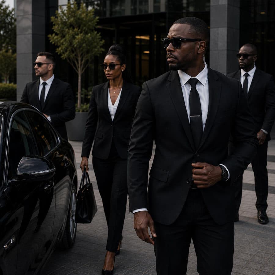 Close protection team escorting a principal to an executive vehicle